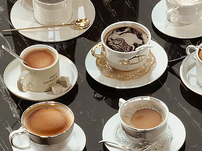 White Porcelain Coffee Cups With Gold Trim And Saucers On Black Tabletop Featuring Latte Art 3d model