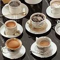 White Porcelain Coffee Cups With Gold Trim And Saucers On Black Tabletop Featuring Latte Art