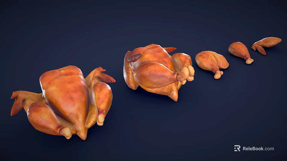 Roasted Chicken Display With Whole Birds And Pieces On Dark Background 3d model 