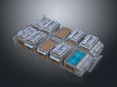 Modern Residential Building Complex With Multiple Units Swimming Pool Courtyards And Roof Structures 3d model
