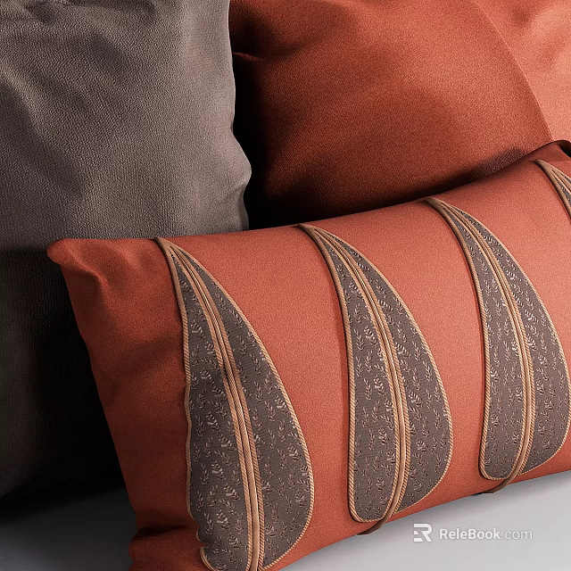 Orange Throw Pillows With Brown Leaf Patterns Stitched Details And Dark Gray Cushions 3d model
