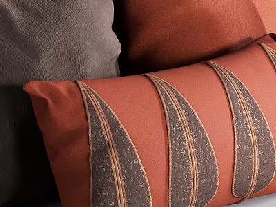Orange Throw Pillows With Brown Leaf Patterns Stitched Details And Dark Gray Cushions 3d model