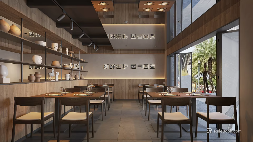 New Chinese Style Restaurant With Wooden Decoration Dining Tables Chairs Open Windows And Green Plants 3d model 
