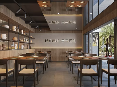 New Chinese Style Restaurant With Wooden Decoration Dining Tables Chairs Open Windows And Green Plants 3d model