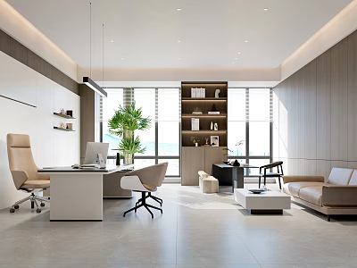 Modern Spacious Executive Office Interior With Elegant Furniture And Indoor Green Plants By Large Windows 3d model