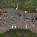 Scenic Park Landscape Featuring Giraffe Statues Animal Models Wooden Fence Trees and Children Playing