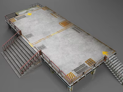Industrial Factory Elevated Platform With Metal Railings Concrete Floor Staircases And Yellow Arrows 3d model