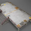 Industrial Factory Elevated Platform With Metal Railings Concrete Floor Staircases And Yellow Arrows