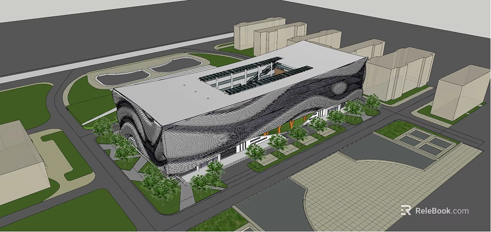 Modern Architectural Building With Curved Facade And Skylight In Landscaped Urban Area 3d model 