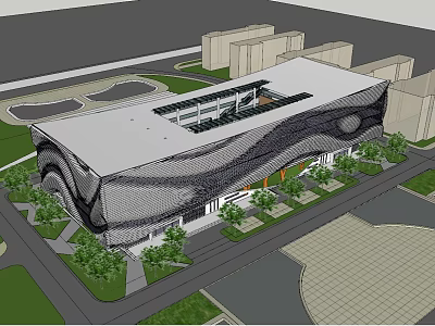 Modern Architectural Building With Curved Facade And Skylight In Landscaped Urban Area 3d model