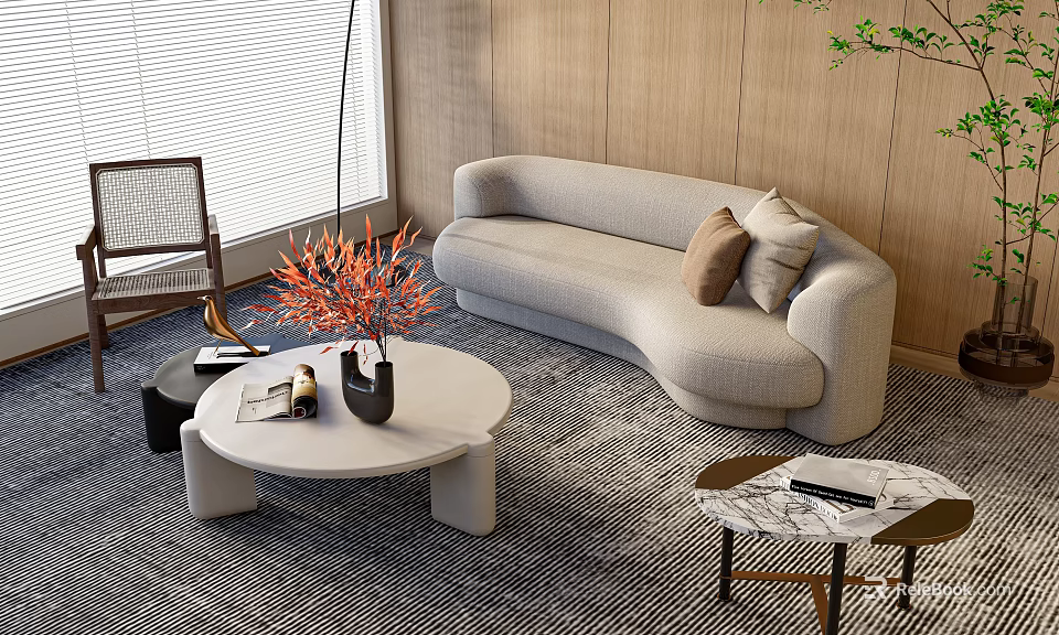 Modern Beige Curved Sofa And Round Marble Coffee Table Set With Decorative Vase On Rug 3d model 