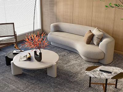 Modern Beige Curved Sofa And Round Marble Coffee Table Set With Decorative Vase On Rug 3d model