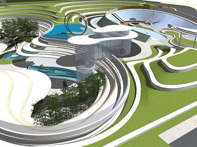 Modern Garden Landscape Design With Curved Pathways Water Pools And Green Lawns 3d model