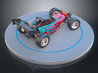 Race Car Model with Blue Red Flame Pattern Large Wheels Open Frame on Circular Stand 3d model