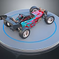 Race Car Model with Blue Red Flame Pattern Large Wheels Open Frame on Circular Stand