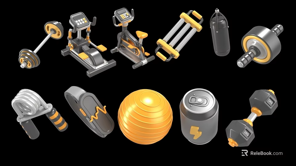 Various Home Fitness Equipment Including Elliptical Trainer Exercise Bike Dumbbells Exercise Ball And Jump Rope 3d model 