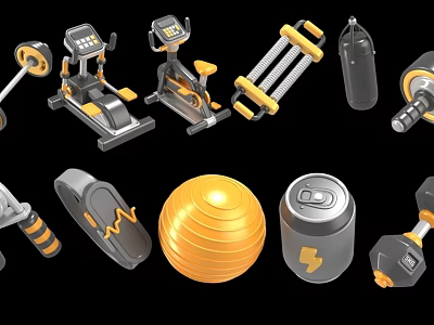 Various Home Fitness Equipment Including Elliptical Trainer Exercise Bike Dumbbells Exercise Ball And Jump Rope 3d model