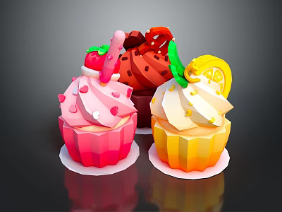 Vibrant Colorful Cupcakes with Strawberry Lemon and Cream Toppings and Fresh Fruit Decorations 3d model