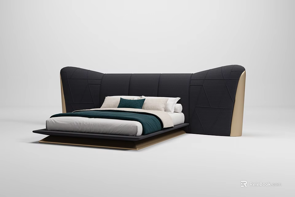 Modern Double Bed With Black Curved Headboard Wooden Frame And White Green Bedding 3d model 
