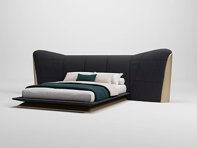 Modern Double Bed With Black Curved Headboard Wooden Frame And White Green Bedding 3d model