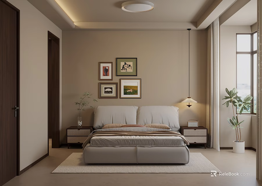 Modern Bedroom Interior Design With Framed Artworks Above Bed Bedside Tables Lamp Plants And Rug 3d model 