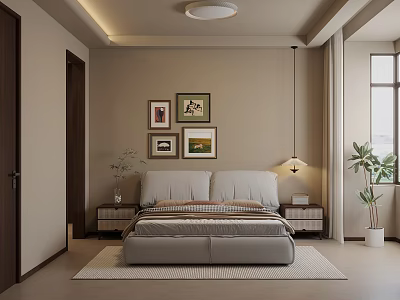 Modern Bedroom Interior Design With Framed Artworks Above Bed Bedside Tables Lamp Plants And Rug 3d model