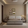 Modern Bedroom Interior Design With Framed Artworks Above Bed Bedside Tables Lamp Plants And Rug