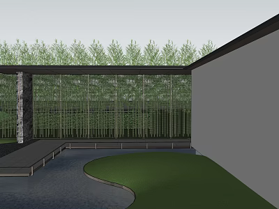 Traditional Garden Landscape With Bamboo Grove Pond Lawn And Gray Wall 3d model