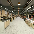Modern Supermarket Interior With Snack Drinks Sections Wooden Shelves And Bright Lighting