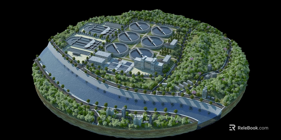 Aerial View of Wastewater Treatment Plant With Circular Ponds Green Vegetation And River 3d model 