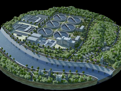 Aerial View of Wastewater Treatment Plant With Circular Ponds Green Vegetation And River 3d model