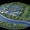 Aerial View of Wastewater Treatment Plant With Circular Ponds Green Vegetation And River