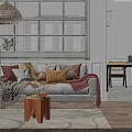Cozy Two Seater Sofa With Colorful Cushions Throw Blanket Wooden Side Table And Woven Pendant Light