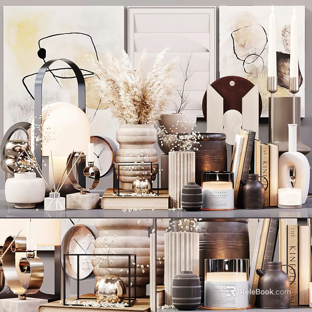 Stylish Modern Decorative Ornament Set With Vases Candles Books Lamps And Sculptures 3d model 
