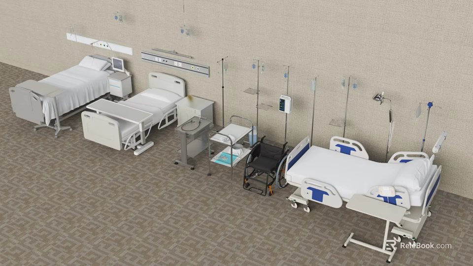 Essential Medical Equipment in Hospital Ward with Adjustable Beds Infusion Stands and Monitoring Devices 3d model 