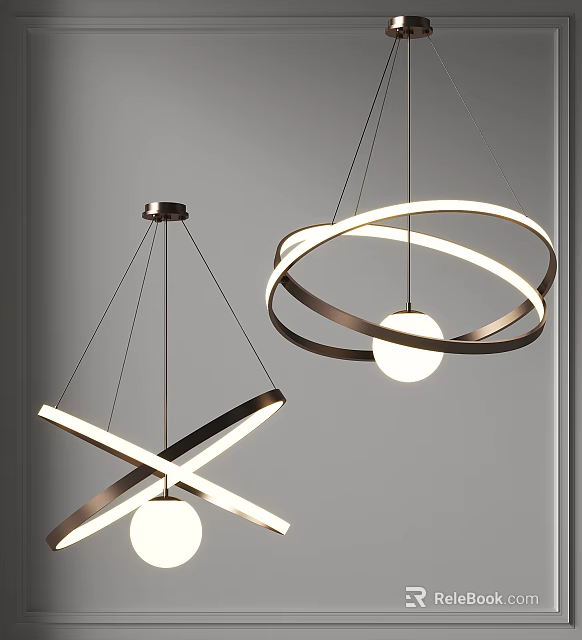 Modern Interior Chandeliers With Circular Ring And Crossed Metal Frames Featuring Illuminated Spheres Design 3d model