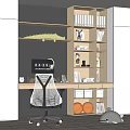 Modern Home Office Desk With Bookshelf Books Decorative Figurines And Mesh Office Chair