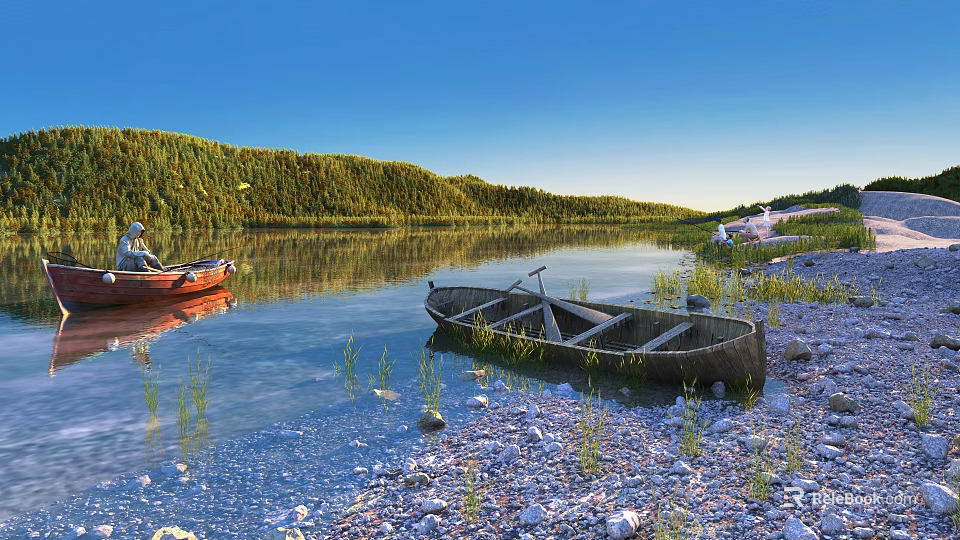 Peaceful Lake Scenery Featuring Red Brown Boats Pebble Shore Grass Green Woods And Blue Sky 3d model 