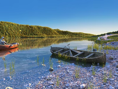 Peaceful Lake Scenery Featuring Red Brown Boats Pebble Shore Grass Green Woods And Blue Sky 3d model