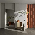 Modern Minimalist Interior With Bonsai Potted Plants Wooden Partition And Sunlight