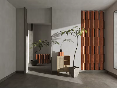 Modern Minimalist Interior With Bonsai Potted Plants Wooden Partition And Sunlight 3d model