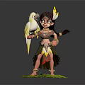 Tribal Girl With Brown Hair And Yellow Feather Headdress Holding White Parrot On Green Grass