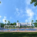 Modern School Buildings with Track Basketball Courts and Green Playground Surrounded by Trees