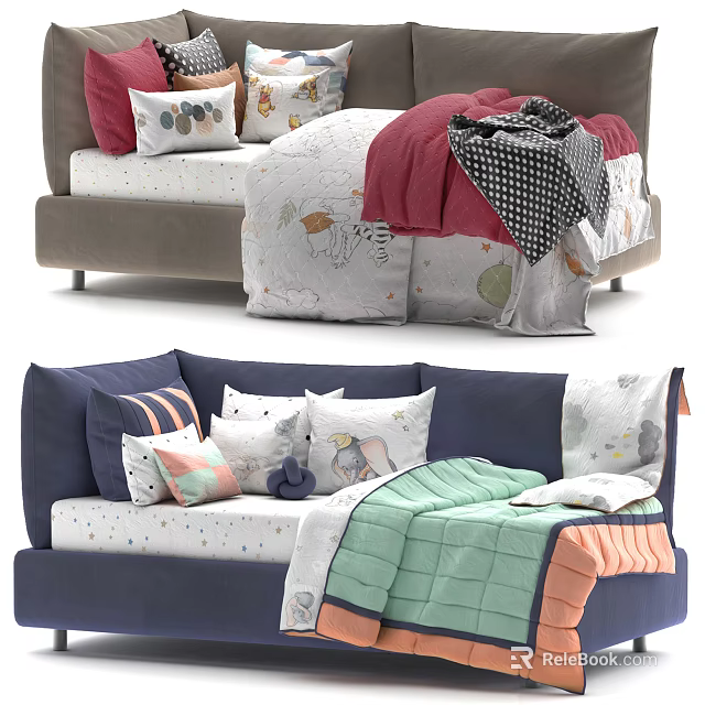 Kids Bed with Gray and Navy Headboards Colorful Bedding Cartoon Patterns Soft Pillows 3d model 