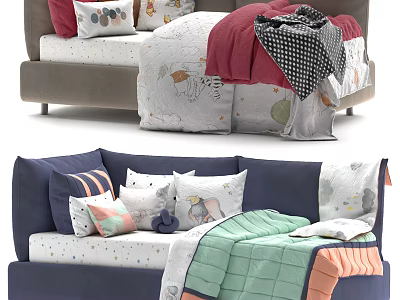 Kids Bed with Gray and Navy Headboards Colorful Bedding Cartoon Patterns Soft Pillows 3d model