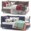 Kids Bed with Gray and Navy Headboards Colorful Bedding Cartoon Patterns Soft Pillows