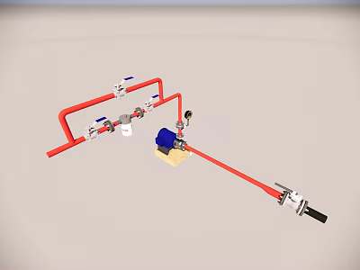 Industrial Equipment Piping Assembly Featuring Red Pipes Valves Blue Pump And Fittings 3d model
