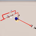Industrial Equipment Piping Assembly Featuring Red Pipes Valves Blue Pump And Fittings