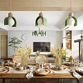 Modern Dining and Living Room Interior With Green Chandelier Sofa Yellow Chair And Coffee Table