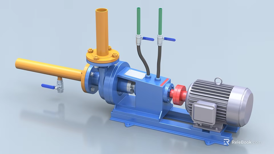 Industrial Equipment Motor Driven Pump System With Blue Base And Yellow Pipes 3d model 